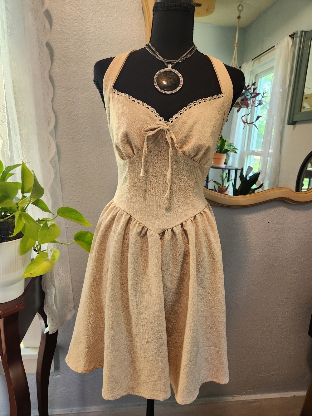 SHEIN Cream Textured Halter Tie-Front Dress